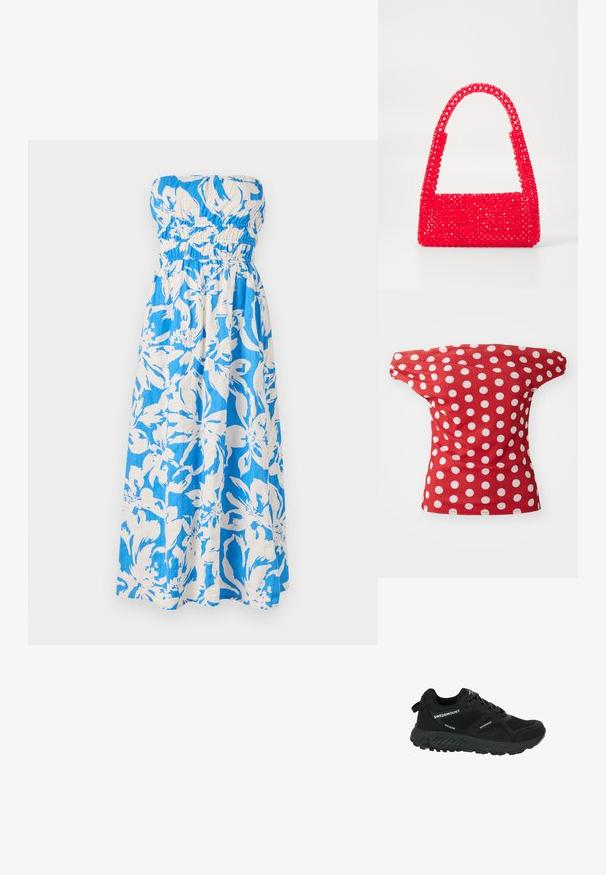 Olkaimaton maksimekko sinivalkoisessa kukkakuosissa, jossa on rypytetty bodice ja kevyt, teksturoitu kangas.; Punainen lyhythihainen paita olkaimeton muotoilu, jossa valkoisia pisaroita. Valmistettu sileästä kankaasta, joka istuu hyvin.; Mustat vedenpitävät vaelluskengät, joissa on verkkopaneelit, teksturoitu pohja, pyöreä varvas ja heijastavat nauhat. Varustettu logolla ja vetoläpällä kantapäällä.; Punakäsine, joka on valmistettu helmimuovista, ja jossa on neliön muotoinen pohja sekä kaareva kahva. Pintassa on teksturoitu, kiiltävä viimeistely ja helmikuosi.