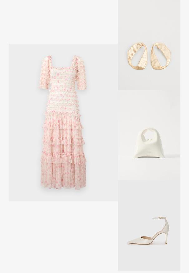 Kvetinové maxi šaty so štvorcovým výstrihom, krátkymi puff rukávmi, vrstvenými volánmi a svetloružovou farbou s roztrúsenými kvetinovými vzormi. Priesvitná tkanina.; Biele kožené topánky na vysokom podpätku s špicatou špičkou, remienkom okolo členka a štíhlym stiletto podpätkom. Hladký povrch s jemným lesklým povrchom.; Biela kabelka s textúrovaným, zakriveným dizajnom. Disponuje výraznou rukoväťou a zaobleným dnom, s hladkým povrchom a minimálnym kovovým príslušenstvom.; Pár nepravidelných oválnych zlatistých kovových náušníc s textúrovaným, mierne rozbitým povrchom na bielom pozadí.