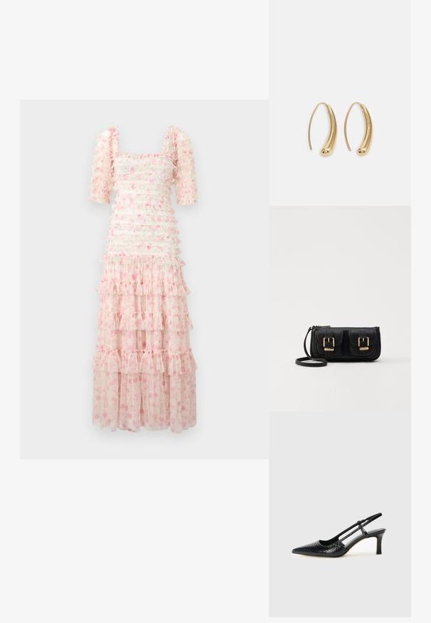Virágmintás maxi ruha négyzet alakú nyakkivágással, rövid puffos ujjal, réteges fodrokkal, és világos rózsaszín árnyalatban, szétszórt virágmintákkal. Átlátszó anyag.; Fekete lakk slingback sarok, hegyes orral, texturált kígyómintával, állítható pánttal és rövid, texturált tömbsarkal.; Fekete bőr keresztbody táska két elülső zsebbel, arany csattokkal, cipzáras záródással és vékony pánttal. Textúrált felület és kompakt téglalap alak.; Aranyszínű fémből készült karika fülbevalók ívelt, hosszúkás formával. Simaságával és fényes felületével, valamint lekerekített végével további részletekkel bővül.