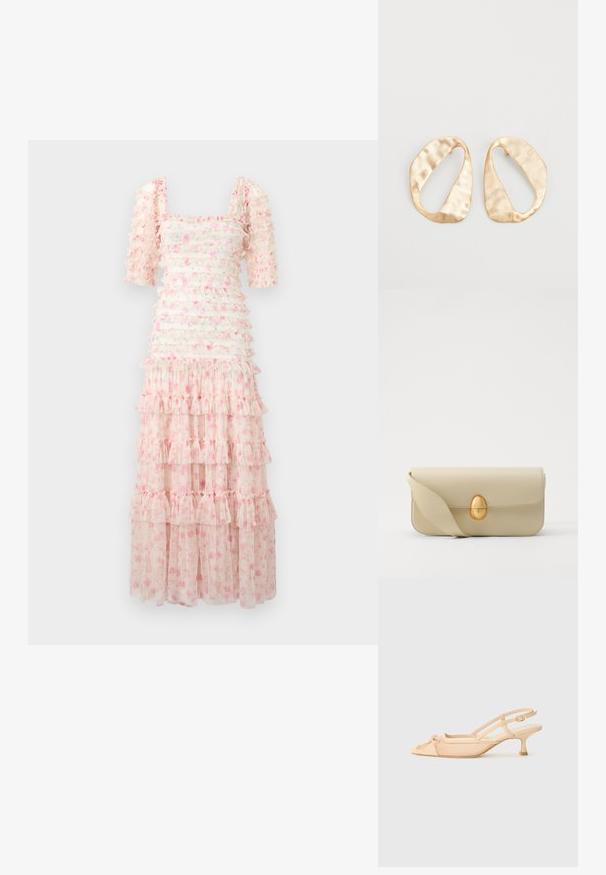 Blommig maxiklänning med fyrkantig halsringning, korta puffärmar, lager av volanger och en ljusrosa nyans med spridda blommönster. Transparent tyg.; Stuart Weitzman KITTY - Pumps - beige/barely beige; Beige läderhandväska med en slät yta, rektangulär form och en gyllene oval lås. Har en lång, justerbar rem.; Ett par oregelbundna ovalformade örhängen i guldtonad metall med en strukturerad, något hamrad yta på en vit bakgrund.