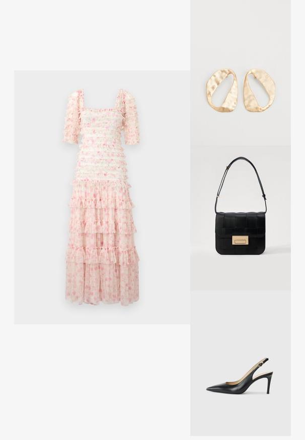 Ziedu maksi kleita ar kvadrātveida dekoltē, īsām pūkainām piedurknēm, slāņotu ruffles un gaiši rozā krāsu ar izkaisītiem ziedu rakstiem. Caurspīdīga auduma.; Melnas ādas sandales ar augstiem papēžiem un norādītu degunu, regulējama josta un elegants stiletto papēdis, kas izceļas ar gludu apdari.; Loeffler Randall DESI CROSSBODY WITH LOCK HARDWARE - Plecu soma - black; Pāris neregulāras ovālas formas zelta toņos metāla auskaru ar teksturētu, nedaudz sitētu virsmu uz baltas fona.