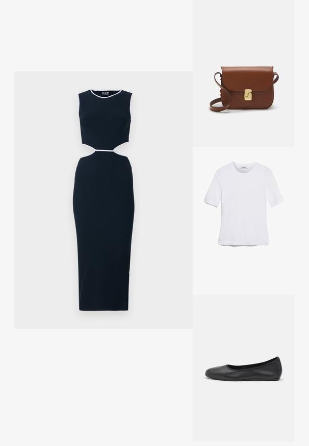 Navyblaues Rippkleid mit ärmellosem Design, ausgekürztem Mittelteil und weißen Akzenten am Ausschnitt und der Taille. Enganliegende Silhouette.; Weißes kurzärmliges T-Shirt aus geripptem Stoff. Runder Halsausschnitt, normale Passform und dezente Nähte. Keine Muster oder Grafiken.; Schwarze Leder-Ballettschuhe mit abgerundeter Spitze, glatter Textur, minimalen Nähdetails und einem flexiblen Sohlen-Design.; Braune Ledertasche mit Klappenverschluss, Beschlägen in Goldfarbe, einem Schultergurt und einer glatten Oberfläche. Kompakte rechteckige Form.