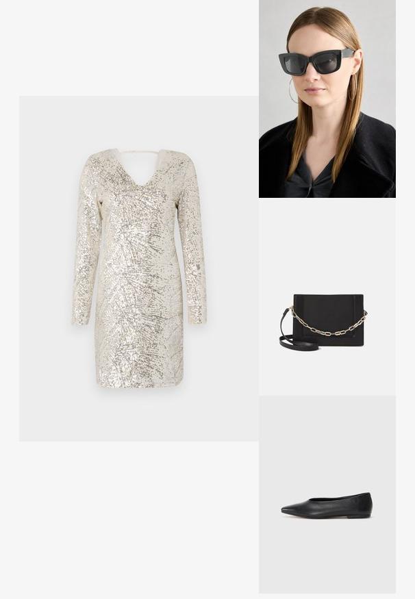 Sädelev kleit pikade varrukatega, V-kaelusega ja avatud seljaga. Hõbedased ja beežid toonid loovad üle kogu kleidi särava mustri.; Musthave mustris balletkingad, terav nina, minimaliseeritud disain, sile pind, madal konts, ilma nähtava riistvara või kaunistusteta.; Must musta prillid tumedate läätsedega, paksude raamidega ja tagasihoidlike aktsentidega. Kantud musta jope ja halli särkiga, pikki sirgeid juukseid kandes.; Mustast nahast õlakott, mis omab siledat tekstuuri, ristküliku kuju ning esiküljel metallketi detaili. Reguleeritav rihm on kaasas.