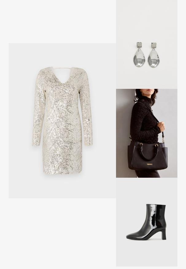 Sädelev kleit pikade varrukatega, V-kaelusega ja avatud seljaga. Hõbedased ja beežid toonid loovad üle kogu kleidi särava mustri.; Must-sinine nahkjalats musta läikiva viimistlusega, millel on terav nina ja keskmise kõrgusega plokk konts. Sile tekstuur ja minimalistik disain.; Musthave must kott, millel on tekstuurne pind, kaks ülemist käepidet ja reguleeritav õlarihm. Omab kuldse tooni riistu ja külgtaskuid.; Hõbedased ripatsid, millel on ruudukujuline studs, siledat ja poleeritud viimistlust ning pisarakuju, peegeldades valgust läikiva pinnaga.