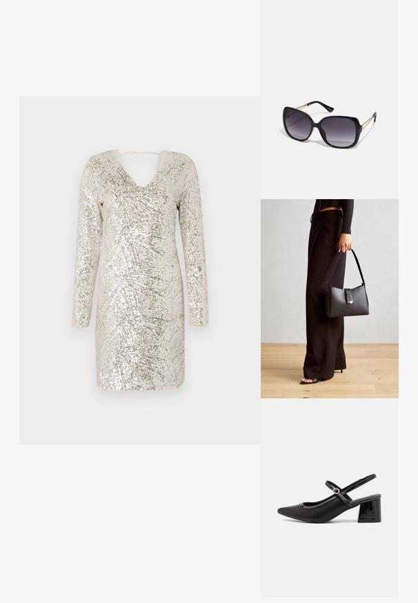 Kombinirana haljina s dugim rukavima, V-izrezom i otvorenim leđima. Srebrne i bež nijanse stvaraju sjajni uzorak kroz cijelu haljinu.; Crne lakirane slingback visoke potpetice s šiljastim vrhom, zaobljenim izrezom i blok potpeticom. Sadrži akcent zlatnog tona s kopčom.; Crne prevelike sunčane naočale s gradijentnim lećama, debelim okvirom i zlatnim lancem kao detaljem na krakovima.; Crna torba s oblikom koji sadrži strukturu, glađu teksturu i metalnu kopču. Uparena s širokim crnim hlačama i sandalama na otvorenom s drvenog poda.