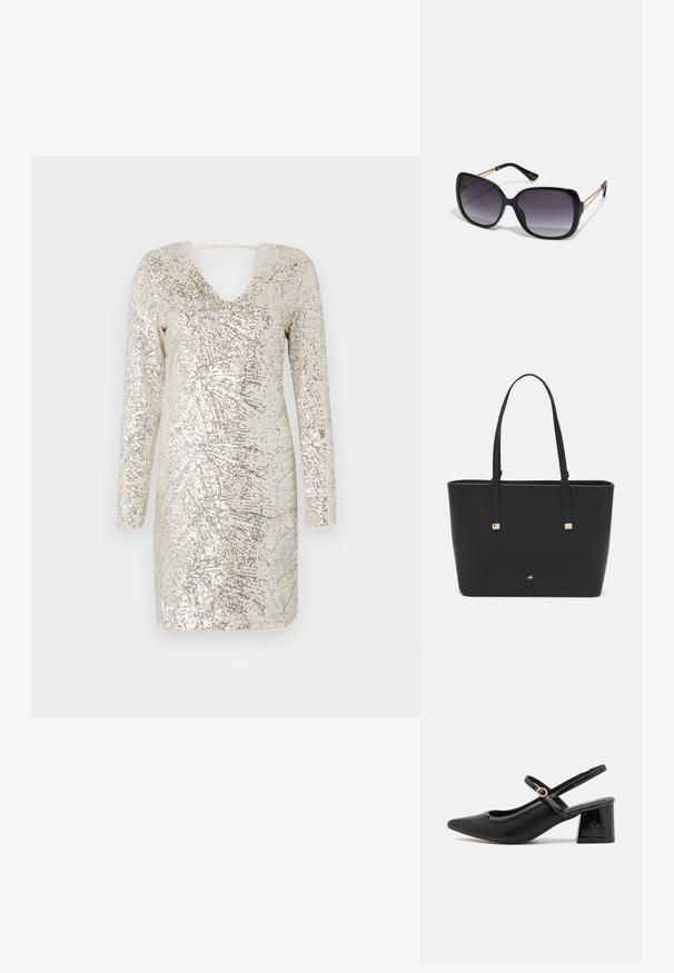 Sädelev kleit pikade varrukatega, V-kaelusega ja avatud seljaga. Hõbedased ja beežid toonid loovad üle kogu kleidi särava mustri.; Mustad läikivad nahast slingback-kõrged kontsad, millel on terav nina, ümar lõikekujundus ja blokknina. Omab kuldset nupu aktsenti.; Mustad ümarad päikeseglaasid, millel on gradient objektiivid, paksud raamid ja kuldse tooni kettaga kaunistused tempelitel.; Must musträkk, mis on valmistatud sünteetilisest materjalist, lihtsa ristkülikukujulise disainiga, kuldsete ruudukujuliste rõhutustega ja kahe käepidemega.