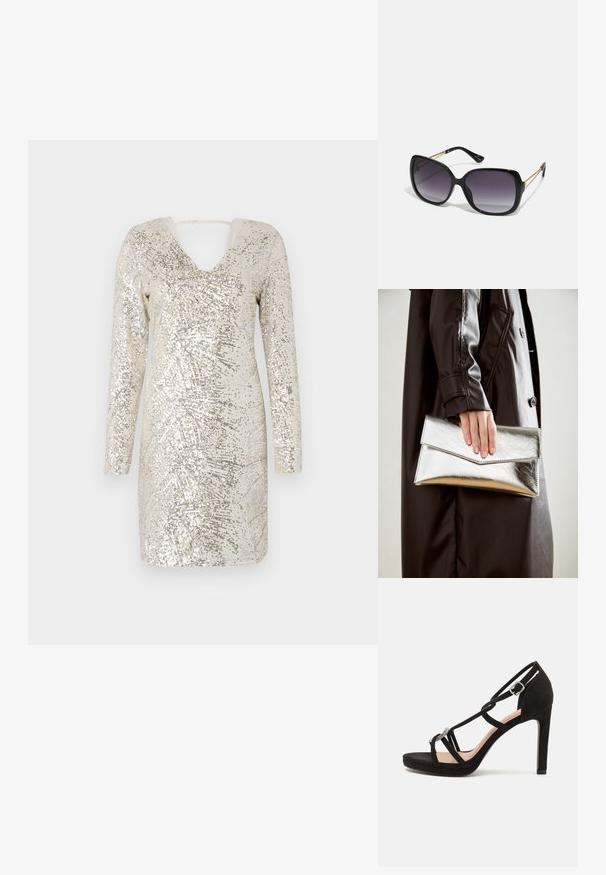 Obleka s srebrnimi in bež tonami, dolgimi rokavi, V-izrezom in odprtim hrbtom. Sijajni vzorec se razprostira po celotni obleki.; Črne semiš sandale na visoki peti s križnimi trakovi, okrasnim srebrnim poudarkom in platformo za dodatno višino.; Črne prevelike sončne očala z degradacijskimi lečami, debelimi okvirji in zlatimi verižicami na ročajih.; Srebrna kovinska torbica s angularnim kuvertastim dizajnom, gladko teksturo in kontrastno notranjo barvo, ki jo drži roka v črnem plašču.
