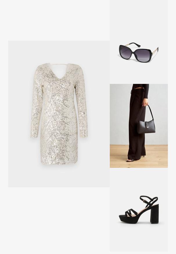 Šaty so štrasmi a dlhými rukávmi, s véčkovým výstrihom a otvoreným chrbtom. Strieborné a béžové odtiene vytvárajú žiarivý vzor po celom obvode.; Čierne zamatové platformové sandále s blokovým podpätkom, s krížovými pásikmi a prackovou členkovou páskou pre pevné upevnenie.; Čierne oversized slnečné okuliare s gradientovými sklíčkami, hrubými rámami a zlatým retiazkovým detailom na stranách.; Čierna kabelka so štruktúrovaným tvarom, hladkou textúrou a kovovou sponou. V kombinácii so širokými čiernymi nohavicami a sandálmi s otvorenou špičkou na drevenej podlahe.