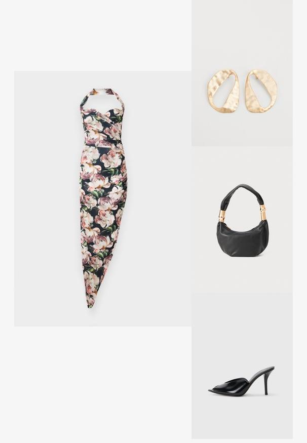 Abito halter floreale con corpetto aderente e gonna a trombetta, caratterizzato da uno sfondo nero e motivi di peonie rosa. Tessuto misto cotone.; Mule nere in pelle con tacco alto, punta aperta, design affusolato, texture liscia e tacco stiletto sottile.; Borsa a tracolla in pelle nera con una forma rotonda, texture morbida e manico annodato con dettagli in metallo dorato. Chiusura con zip.; Un paio di orecchini in metallo di tonalità dorata, di forma ovale irregolare, con superficie texturizzata e leggermente martellata, su uno sfondo bianco.