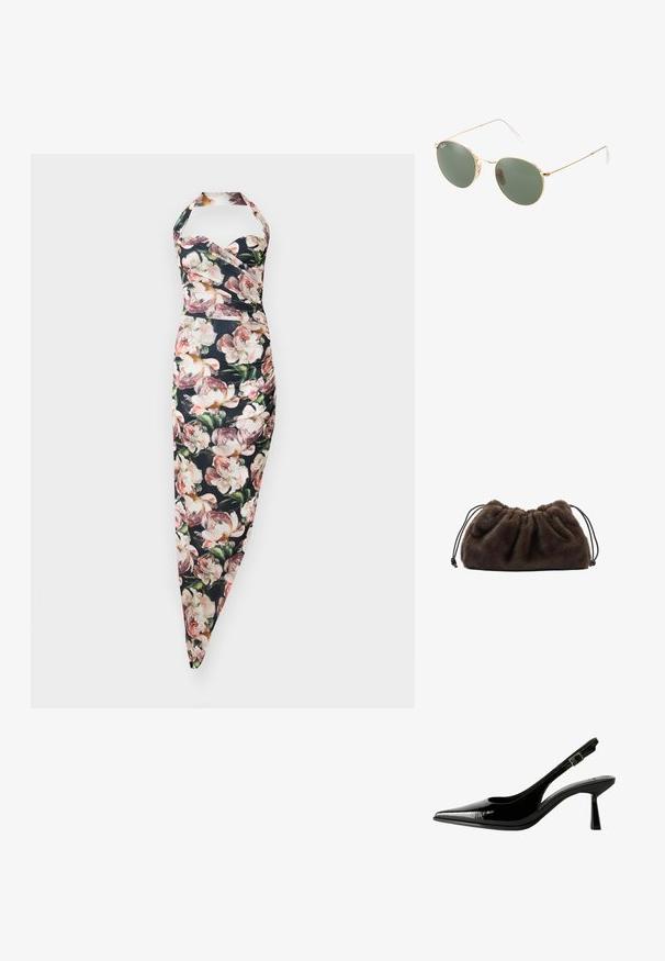 Floral halter dress with a fitted bodice and tapered skirt, featuring a black background and pink peony patterns. Cotton blend fabric.; Black patent leather slingback pump with a pointed toe, cutout sides, adjustable ankle strap, and a thin, sleek heel.; Gold metal frame sunglasses with green lenses, round shape, thin temples, and white plastic accents on the tips of the arms.; Brown faux fur handbag with a gathered design and drawstring closure. Soft texture, rounded shape, and minimalistic style.; Gold hoop earrings with a textured finish, featuring a row of small clear crystals along the edge and a stud backing.