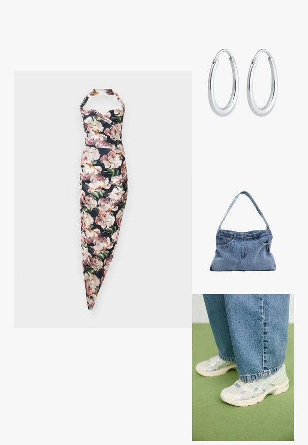 Blomstret halterneck kjole med fitted bodice og indsnævret nederdel, der har en sort baggrund og mønstre af lyserøde pæoner. Lavet i bomuldsblanding.; Hvide og sølvfarvede mesh sneakers med grønne accenter, båret med løse blå jeans, stående på et grønt tæppe.; Denim skuldertaske med en buet rem, to forlommer og en knaplukning, der har lyseblåt stof og kontrasterende syninger.; Sølvringe med en glat, poleret overflade. Har en unik oval form og en sikker lukningsdesign. Stemplet "925" for sterling sølv.