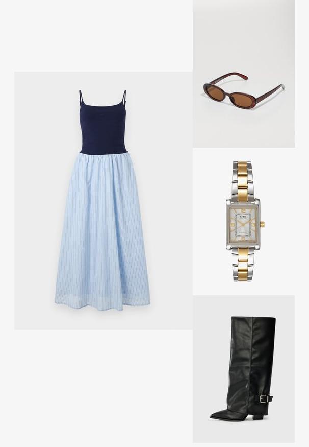 Bez piedurknēm, tērps ar pieguļošu tumši zilu augšu un plūstošu gaiši zilu svītrotu svārku. Svārkiem ir vertikālas svītras un savilktā jostasvieta.; Melni ādas potītes zābaki ar asu purngalu, gludu virsmu un sudraba sprādzi uz sāniem. Masīvs kvadrātveida papēdis.; Apaļas, brūnīgi nokrāsotas saulesbrilles ar spīdīgu bordo rāmīti. Šauri kāti ar diskrētu zīmola detaļu. Plakana objektīva dizains.; Casio kvarca pulkstenis ar taisnstūra sudraba ciparnīcu, zeltainiem akcentiem un divtoņu metāla aproci sudraba un zelta krāsā. Ūdensizturīgs.