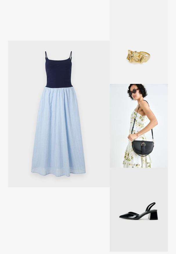 Ärmlös klänning med en tight marinblå överdel och en fladdrande ljusblå randig kjol. Kjolen har vertikala ränder och en rynkad midja.; Svarta lackläder slingback klackar med spetsig tå och geometrisk klack. Har en elegant, minimalistisk design och slät yta.; Svart läderhandväska med en böjd form, avtagbar rem och guldiga detaljer. Väskan har ett lock med en spänndetalj.; Guldring med texturerad, vågig design som har tre framträdande toppar. Slät, glänsande yta med en öppen band för justerbar passform.