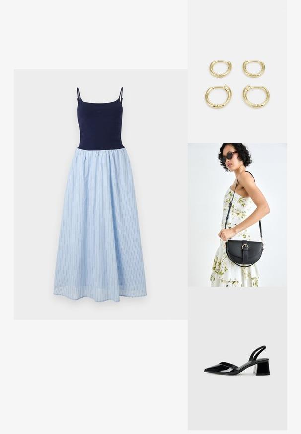 Vestido sin mangas con una parte superior entallada en navy y una falda fluida de rayas azul claro. La falda tiene rayas verticales y una cintura fruncida.; Zapatos de tacón slingback de charol negro con punta afilada y tacón geométrico en bloque. Presentan un diseño elegante y minimalista, así como una textura suave.; Bolso de piel negra con forma curva, correa desmontable y herrajes dorados. El bolso cuenta con una solapa con un detalle de hebilla.; Pendientes de aro de oro, cuatro piezas, acabado suave, diseño redondeado, con tamaños variados, que cuentan con un cierre articulado para una fácil colocación.