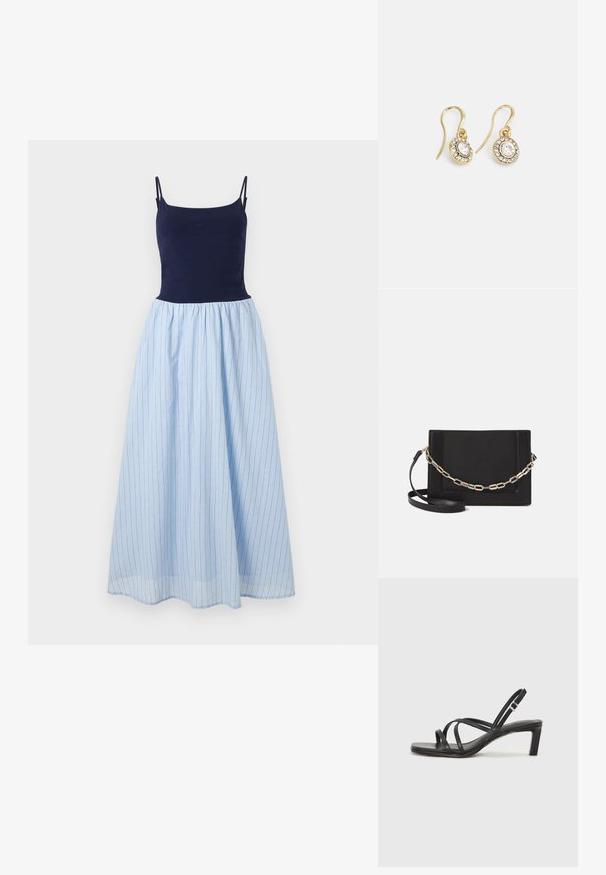 Haljina bez rukava s uskim tamnoplavim gornjim dijelom i lepršavom svijetloplavom suknjom s prugicama. Suknja ima vertikalne pruge i naborani struk.; Crne sandale s trakama, kvadratnim prstom i niskom blok petom. Ima više tankih trakica i podesivu trakicu oko gležnja. Izrađene su od glatke kože.; Crna kožna torba preko tijela s glatkom teksturom, pravokutnim oblikom i metalnim lancem na prednjoj strani. Uključena je podesiva naramenica.; Zlatne naušnice s ovalnim prozirnim kristalima okruženim manjim prozirnim kamenčićima, s dizajnom na kuku za sigurno nošenje.