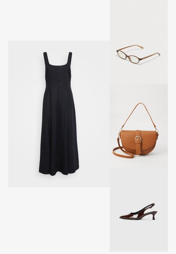 Svart lin maxi-kjole med firkantet utringning, brede skulderstropper og en flytende skjørt. Glatt tekstur og minimalistisk design.; Brune patentlæder slingback sko med spids tå og moderat hæl. Har en spænde rem for sikker pasform. Glat tekstur.; Brune skjellbriller med ovale linser, tynne stenger og gjennomsiktige detaljer. Har en subtil logo på stangen. Elegant, lett design.; Brun lærcrossbody-veske med en buet form, gullhardware og et spenneakcent. Har en avtakbar skulderreim.