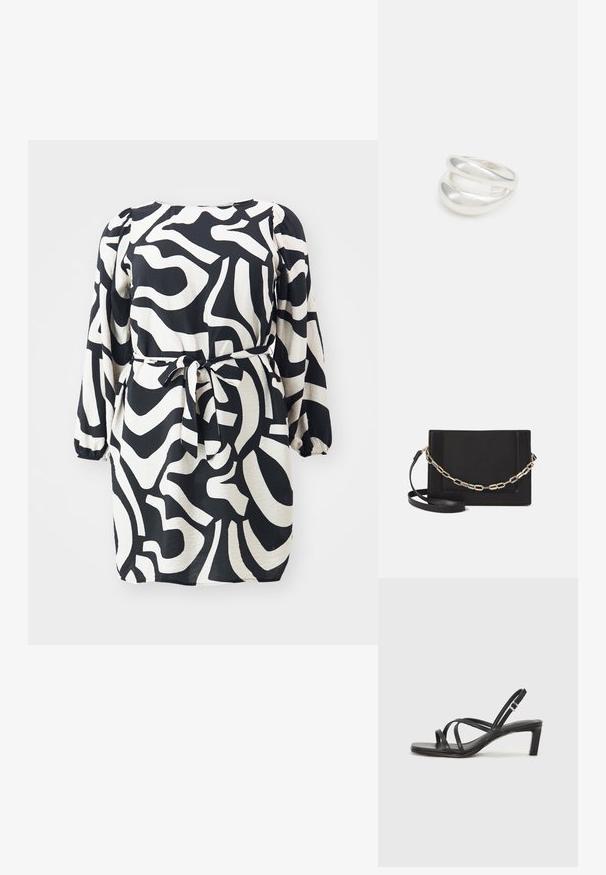 Mustvalge kleit pikkade puffvarrukatega, taljesse kinnitatav vöö ja abstraktne laine muster; sile materjal lõdva lõikega.; Mustast rihmajalatsid ruudukujulise varba ja madala ploki kontsaga. Omab mitmeid õhukesi rihmasid ja reguleeritavat pahkluu rihma. Valmistatud siledast nahast.; Mustast nahast õlakott, mis omab siledat tekstuuri, ristküliku kuju ning esiküljel metallketi detaili. Reguleeritav rihm on kaasas.; Hõbedane kahekordne rõngas sujuva, poleeritud pinnaga. Omab voolavat, kõverat disaini, millel on kattuvad sektsioonid, et saavutada kaasaegne ilme.