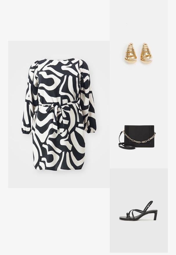 Rochie alb-negru cu mâneci lungi puff, talie ajustată, și model abstract cu valuri; material neted cu o croială lejeră.; Sandal cu barete negre, cu vârf pătrat și toc mic de bloc. Prezintă mai multe barete subțiri și o bareta ajustabilă la gleznă. Fabricat din piele netedă.; Geantă de umăr din piele neagră, cu o textură netedă, formă rectangulară și un detaliu din lanț metalic în față. Include curea reglabilă.; Cercei cu tonuri de aur, în formă de conuri alungite, cu detalii spiralate. Suprafață netedă cu finisaj reflectant, având accente curbe.