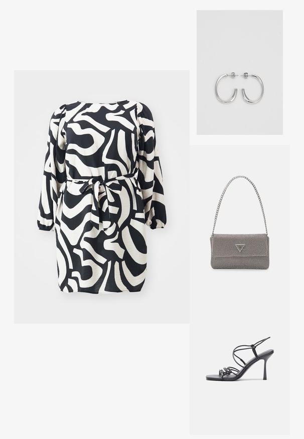 Melnā un baltā kleita ar garām pūkainām piedurknēm, pieguļošu jostas saitīti un abstraktu viļņu rakstu; gluda auduma, ar brīvu piegriezumu.; Melnas augstpapēžu sandales ar plāniem siksniņām un mezgla dizainu, gluda kvadrātveida purngalu un elegantu stiletto papēdi.; Gaiši pelēka metāla rokassoma ar ķēdes siksnu, rotāta ar mazām apaļām metāla kniedēm un trīsstūra zīmola logo.; Sudraba riņķveida auskari ar gludu, spīdīgu apdari. Apaļas formas, viegla dizaina, ar aizdari uz stieples.