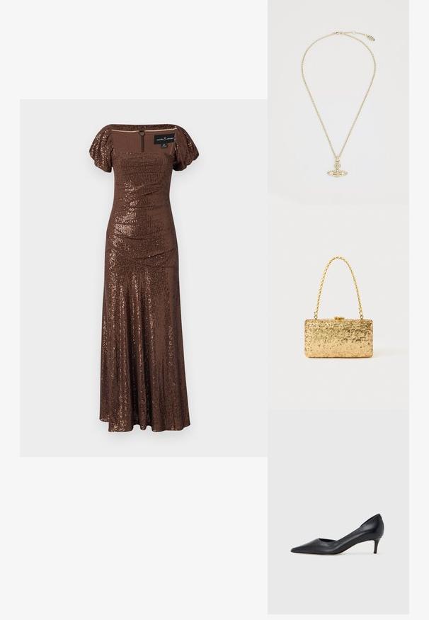 Brown sequined maxi dress with a fitted bodice and puff sleeves. Features a square neckline and zip closure at the back. Smooth texture.; Black leather pump with a pointed toe and low heel. Features a smooth texture and subtle sheen. Open cut at the front for added detail.; Gold sequin clutch with a rectangular shape, featuring a twisted chain handle and a metal clasp closure, reflecting light with a textured finish.; Vivienne Westwood MAYFAIR BAS RELIEF PENDANT - Necklace - gold-coloured