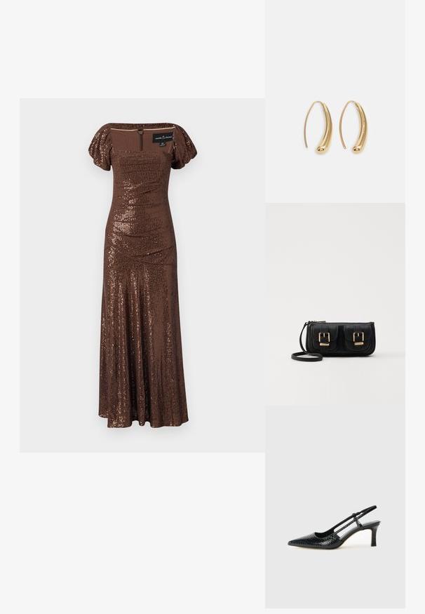 Brun glitrende maxikjole med en tætsiddende bodice og pufærmer. Har en firkantet udskæring og lynlåsclosure bagpå. Glat tekstur.; Sorte patent slingback hæl med spids tå, prydet med tekstureret slangeskindsmønster, justerbar rem og en kort, tekstureret blokhæl.; Sort læder crossbody taske med to frontlommer, guldspænder, lynlåslukning og en slank rem. Struktureret overflade og kompakt rektangulær form.; Guldfarvede metal hoops øreringe med en bøjet, forlænget form. Har en glat, skinnende overflade og en afrundet spids for ekstra detalje.