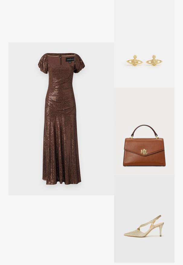 Brahmā nodrošināta maksi kleita ar pieguļošu augšdaļu un pūkainām piedurknēm. Iezīmēta ar kvadrātveida dekoltē un rāvējslēdzēju aizmugurē. Gluda tekstūra.; Mirdzoši zelta siksniņu pumps ar vērsto purngalu, plānu potītes siksnu un šauru papēdi. Virsma ir ar teksturētu metālisku apdari.; Brūns ādas rokassoma ar strukturētu dizainu, augšējo rokturi, zelta detaļām un logo akcentu priekšpusē. Gluda tekstūra.; Vivienne Westwood MINI BAS RELIEF EARRINGS - Auskari - gold-coloured