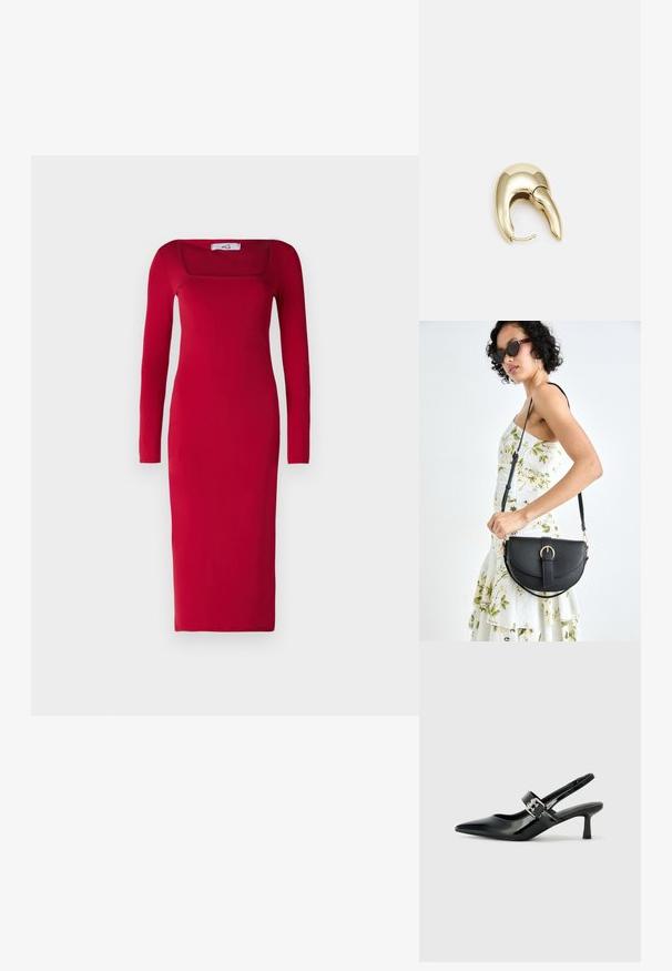 Raudona, ilgomis rankovėmis, prigludusi suknelė su kvadratiniu iškirpimu ir iki kulkšnies siekiančia sijonu; pagaminta iš lygaus audinio be matomų raštų ar puošmenų.; Juodai lakuoti slingback aukštakulniai su smailiu kojų pirštu ir mažais blokiniais kulniukais, su sidabro sagtimi ant dirželio.; Juodas odinis krepšys su išlenkta forma, nuimamu dirželiu ir auksiniais detalėmis. Krepšys turi kilpą su sagtimi.; Aukso tono metalinės auskarai su stilingu, kreiviu dizainu. Išsiskiria ryškiu smailiu pavidalu, poliruota paviršiumi ir užsegimu su vyriu.