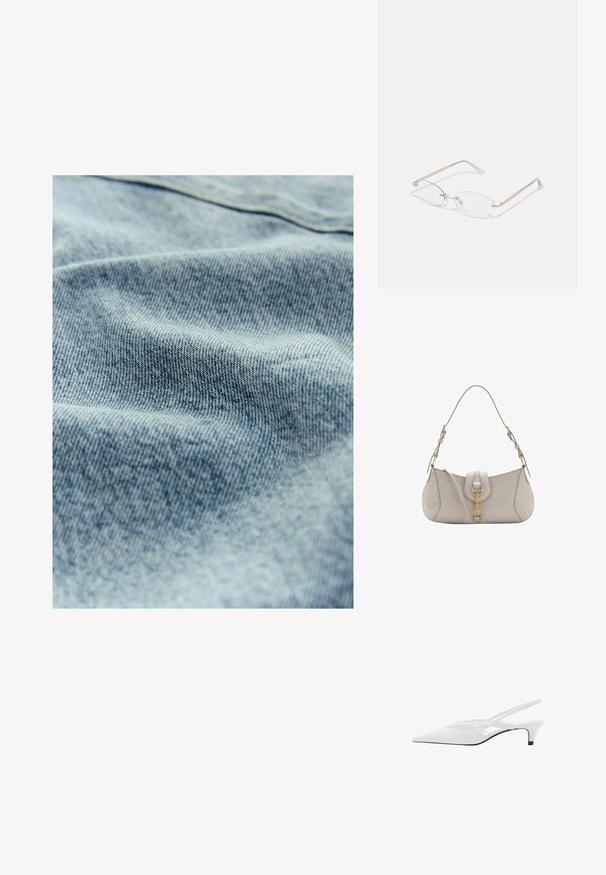 Lyseblå denimstof med en subtil tekstur og synligt vævemønster, der viser let variation i farve og blødhed.; Hvide slingback hæle med spids tå, der har en glat overdel, subtile udskæringer og en lav blokhæl. Den sorte sål fremhæver designet.; Guldmetal briller med ovale linser, slanke arme og klare næsepuder. Har subtile hængsel accenter og gennemsigtige linser.; Lys grå lædertaske med en buet form, guldhardware, en lås foran og syede detaljer. Justerbar skulderrem inkluderet.