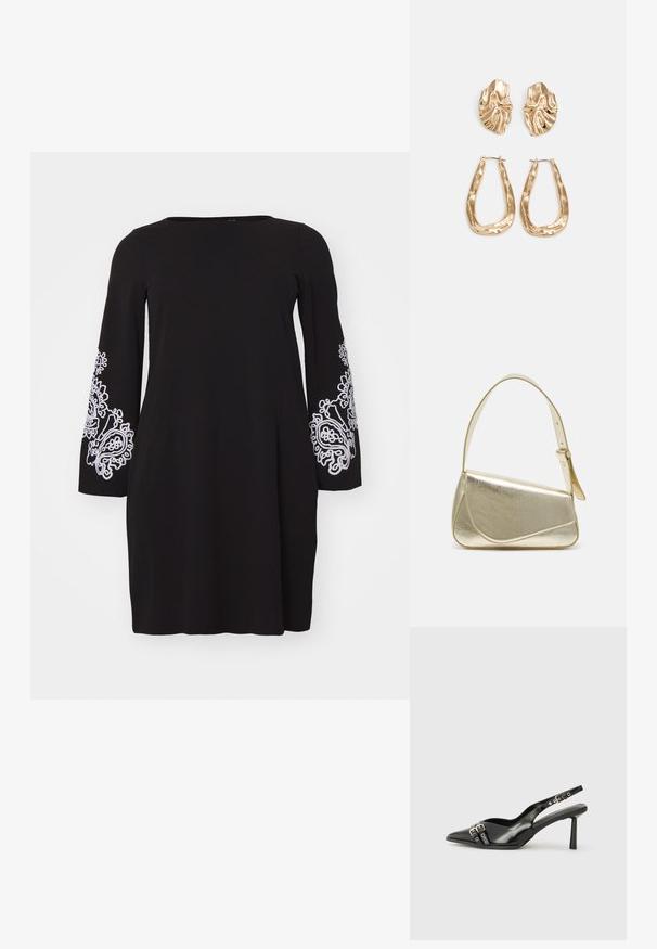 Vero Moda Curve VMCGIRA czarny; Czarne lakierowane buty typu slingback z ostrym noskiem, paskami na kostkach z srebrnymi klamrami i elementami metalowymi oraz smukłym obcasem.; Złota metaliczna torebka o strukturalnym designie, gładkiej powierzchni i regulowanym pasku. Charakteryzuje się unikalnym trójkątnym kształtem i minimalistycznym przeszyciem.; Złote kolczyki w odcieniu, prezentujące teksturowane, faliste kształty. Zawierają rzeźbiarskie klipsy i otwarty projekt kółek z młotkowanym wykończeniem.