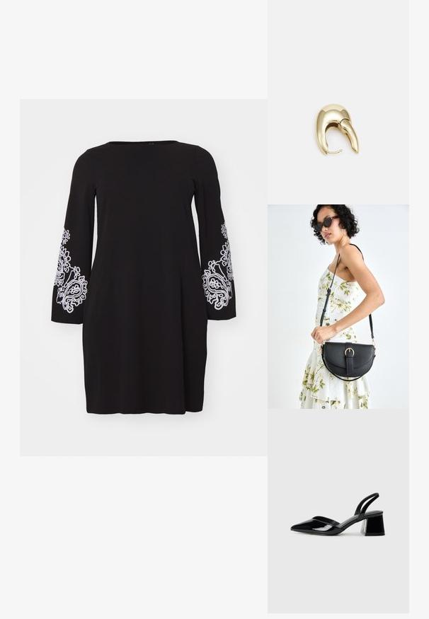 Vero Moda Curve VMCGIRA SHORT DRESS  - Haljina od žerseja - black/white; Crne lakirane kožne sandale s otvorenom petom i špicastim vrhom, s geometrijskom blok petom. Imaju elegantan, minimalistički dizajn i glatku teksturu.; Crna kožna torba s lukovitim oblikom, odvojivim remenom i zlatnim detaljima. Torba ima preklop s kopčom.; Zlatne metalne naušnice s elegantnim, zakrivljenim dizajnom. Imaju karakterističan šiljast oblik, poliranu površinu i zatvaranje na šarku.