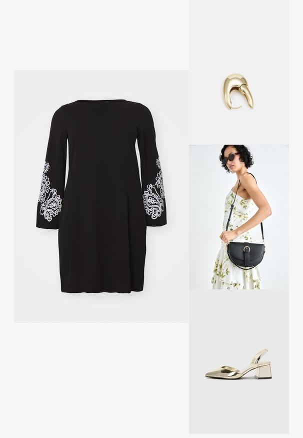 Vero Moda Curve VMCGIRA SHORT DRESS - Jerseykleid - black/white; Goldene, metallische Slingback-Absätze mit spitzem Zeh und dicker Ferse. Glatte Textur, minimalistisches Design und ein schmaler Riemen.; Schwarze Lederhandtasche mit geschwungener Form, abnehmbarem Tragegurt und goldenen Beschlägen. Die Tasche verfügt über einen Deckel mit einer Schnallen-Details.; Ohrringe aus goldfarbenem Metall mit einem schlanken, geschwungenen Design. Sie verfügen über eine markante, spitze Form, eine polierte Oberfläche und einen Scharnierverschluss.