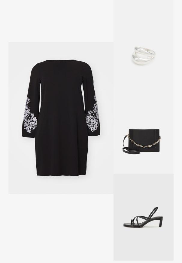 Vero Moda Curve VMCGIRA SHORT DRESS - Trikotaažkleit - black/white; Mustast rihmajalatsid ruudukujulise varba ja madala ploki kontsaga. Omab mitmeid õhukesi rihmasid ja reguleeritavat pahkluu rihma. Valmistatud siledast nahast.; Mustast nahast õlakott, mis omab siledat tekstuuri, ristküliku kuju ning esiküljel metallketi detaili. Reguleeritav rihm on kaasas.; Hõbedane kahekordne rõngas sujuva, poleeritud pinnaga. Omab voolavat, kõverat disaini, millel on kattuvad sektsioonid, et saavutada kaasaegne ilme.