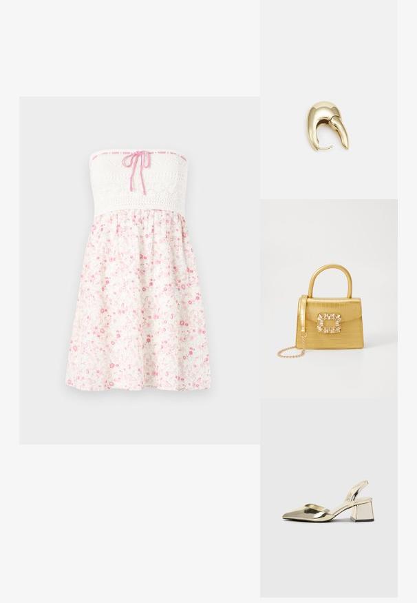 Bežianti suknelė be petnešų, turinti baltą nėriniuotą liemenį su rožinės spalvos raišteliu ir lengvą sijoną su rožinėmis gėlėmis šviesiame fone.; Auksiniai, metaliniai slingback aukštakulniai bateliai su smailiu pirštu ir masyviu kulnu. Lygus paviršius, minimalizmo dizainas ir siaura juostelė.; Geltonas dirbtinės krokodilo odos rankinukas su standžiu dizainu, viršutine rankena, nuimamu grandininiu dirželiu ir dekoratyviniu krištolo papuošimu ant užsegimo.; Aukso tono metalinės auskarai su stilingu, kreiviu dizainu. Išsiskiria ryškiu smailiu pavidalu, poliruota paviršiumi ir užsegimu su vyriu.