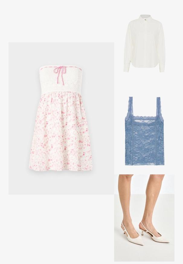 Pánt nélküli virágmintás ruha, amelynek fehér horgolt felsőrésze van rózsaszín szalagos részletekkel, valamint egy könnyű szoknyája rózsaszín virágmintákkal egy világos háttérrel.; Világoskék csipkés ujjatlan felső vékony pántokkal, fodros csipke díszítéssel és virágmintával, amely a body-hugging sziluettet hangsúlyozza.; Fehér, klasszikus galléros, gombos ing, hosszú ujjaival és laza szabással. Könnyű anyagból készült, sima textúrával.; Beige patent bőr slingback magassarkúk hegyes orral és 5 cm-es sarokkal, kivágott oldalakkal és vékony bokapánttal.; Kicsi fehér válltáska egyetlen állítható pánttal és cipzárral, egy sima fehér háttér előtt.