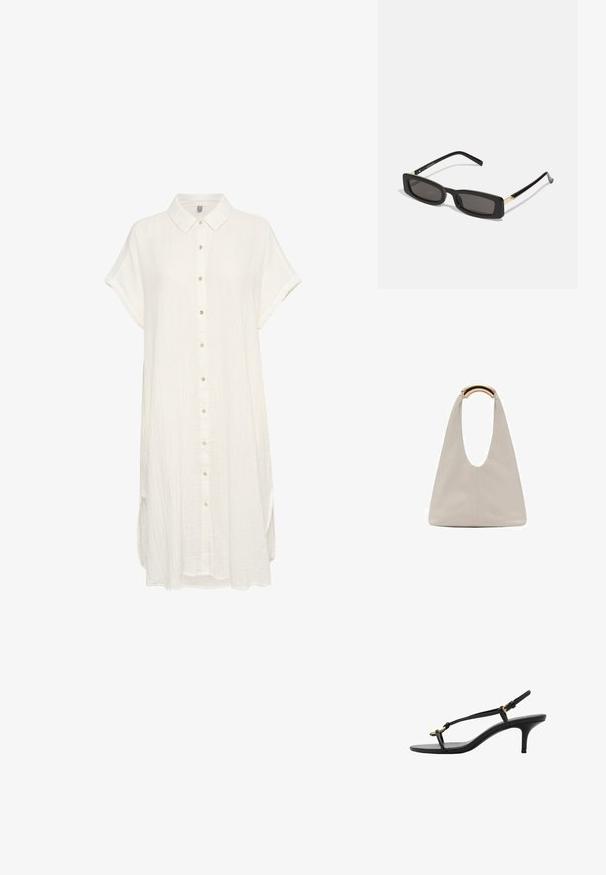 Abito camicia bianco a maniche corte realizzato in tessuto morbido e testurizzato. Presenta una chiusura con bottoni sul davanti e un colletto classico, con una vestibilità rilassata e fessure laterali.; Sandal con zeppa kitten nera in pelle, con sottili cinturini, fibbia dorata e una minimalista fascetta per le dita su sfondo bianco.; Occhiali da sole neri rettangolari con lenti scure, montatura in plastica lucida e accenti dorati sulle tempie. Design minimalista e forma elegante.; Borsa in pelle grigio chiaro con design a forma di U e manico metallico curvo. Texture liscia con cuciture minime e senza motivi visibili.
