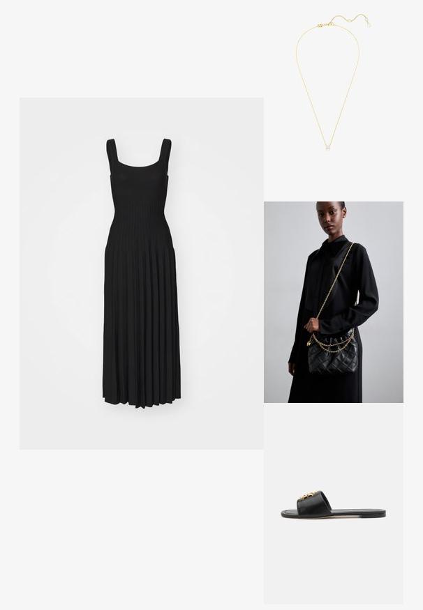 Fekete pliszírozott maxi ruha, testhez álló felsőrésszel, széles pántokkal és lebegő szoknyával, puha, rugalmas anyagból készült.; Fekete bőr csúsztatós szandál, nyitott orral, lapos talppal és dekoratív arany díszítéssel a felsőrészen. Elegáns, sima textúrájú, minimális design.; Fekete steppelt bőr kézitáska gyűrt toppal, arany lánc vállpánttal és téglalap alakú formával, egyszerű háttér előtt tartva.; Arany láncos nyaklánc egyetlen gyémánt medállal, finom kialakítással és textúrázott lánccal, állítható hosszúsággal, amely a fényben csillog.