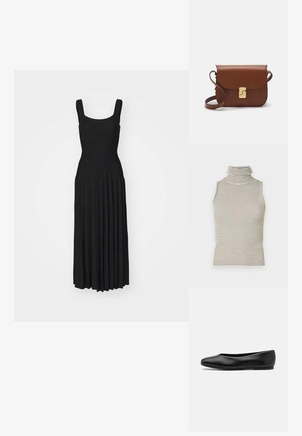 Black pleated maxi dress with a fitted bodice, wide shoulder straps, and a flowing skirt, made from a soft, stretchy fabric.; Sleeveless turtleneck top with vertical black and white stripes, made of a textured knit fabric, featuring a high, snug collar.; Paul Smith TOPANGA - Ballet pumps - black; Brown leather handbag with a flap closure, gold-tone hardware, a shoulder strap, and a smooth texture. Compact rectangular shape.