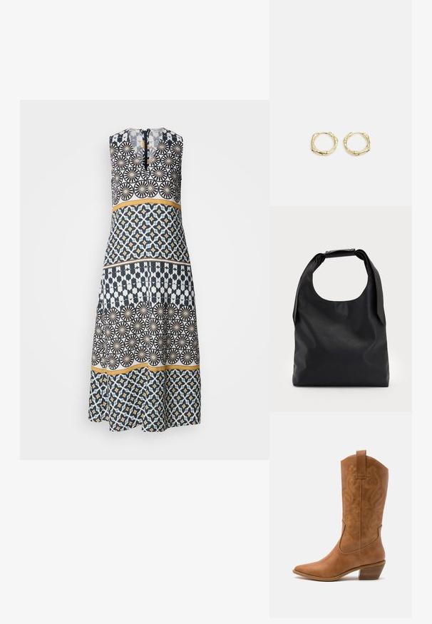 Šaty vyrobené z látky s kombinací geometrických vzorů v námořnické modré, bílé a žluté barvě. Bezramenný design s detaily na zip na zádech.; Hnědé kožené kovbojské boty s špičatou špičkou, vyšívanými spirálovými vzory na štítech a s blokovým podpatkem. Obsahují poutko pro snadné obouvání.; Černá kůže hobo taška s jedním měkkým, zaobleným uchopem; má hladkou texturu a minimalistický design. Bez viditelného kovového doplňku nebo akcentů.; Zlaté kruhové náušnice s texturovaným, nepravidelným tvarem. Disponují bezproblémovým uzávěrem a leštěným povrchem, což zdůrazňuje moderní design.