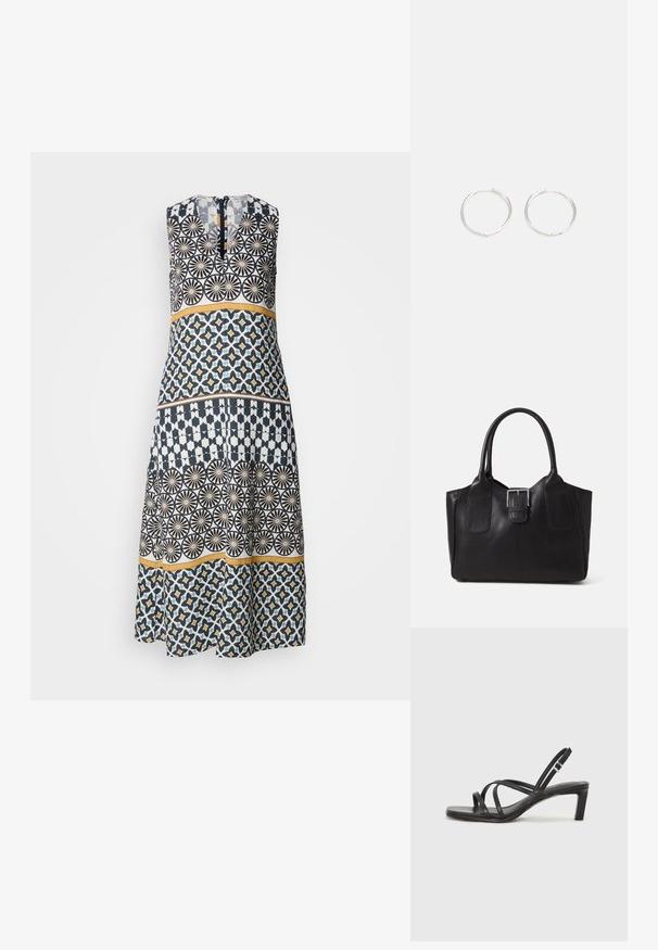 Rochie din material cu un amestec de modele geometrice în nuanțe de albastru marin, alb și galben. Design fără mâneci cu un detaliu de fermoar la spate.; Sandal cu barete negre, cu vârf pătrat și toc mic de bloc. Prezintă mai multe barete subțiri și o bareta ajustabilă la gleznă. Fabricat din piele netedă.; Geantă tote din piele neagră cu textură netedă, formă structurată, două mânere și un detaliu proeminent din aliaj de argint pe partea din față.; Cercei din argint cu un design elegant și rotund, având o suprafață netedă și fără embellismente vizibile. Diametrul nu este specificat.