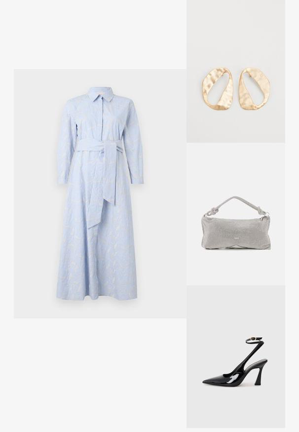 iBlues EBANO - Kreklkleita - azzurro intenso; Melnas patentā ādas augstpapēžu kurpes ar norādītu purngalu, regulējamu potītes siksniņu un mērenu bloku papēdi. Gluda tekstūra ar spīdīgu apdari.; Metāla sietiņa plecu soma sudrabkrāsā, ar mezglotu rokturi, rāvējslēdzēju aizdari un ģeometrisku korpusa formu ar gludu tekstūru.; Pāris neregulāras ovālas formas zelta toņos metāla auskaru ar teksturētu, nedaudz sitētu virsmu uz baltas fona.