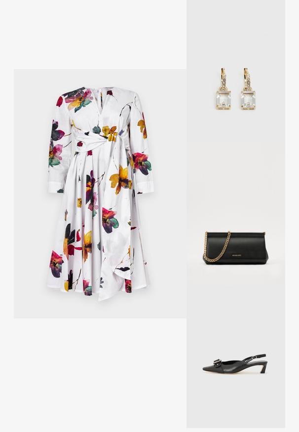 Weißes Kleid mit langen Ärmeln, Blumenmuster in Lila, Gelb und Rot. Verfügt über ein geknotetes Taillendetail und einen ausgestellten Rock.; Schwarzer Leder Slingback-Schuh mit spitzer Zehenform, kleinem Absatz und dekorativem Schnallen-Detail auf dem Obermaterial. Glatte Textur, minimalistisches Design.; Schwarze Leder-Clutch mit einer goldenen Ketten-Trage, die eine glatte Oberfläche, rechteckige Form und geprägtes Branding auf der Vorderseite aufweist.; Ohrringe in Goldfarbe mit einem rechteckigen, durchsichtigen Kristall, der unter einer Reihe kleiner, runder klarer Akzente hängt. Elegantes, modernes Design.