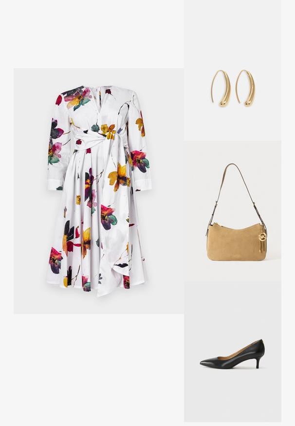 Bijela haljina s dugim rukavima, cvjetni uzorak u ljubičastoj, žutoj i crvenoj boji. Ima detalj čvora na struku i rahlu suknju.; Crne kožne cipele s uskim vrhom, niskom petom i glatkom teksturom. Imaju blago otvaranje sprijeda i minimalne metalne detalje straga.; Tamnasta kožna torba s ravnim oblikom, zlatnim detaljima i zatvaranjem na patentni zatvarač. Ima privjesak s inicijalima "MK."; Zlatne metalne naušnice u obliku obruča s zakrivljenim, izduženim oblikom. Imaju glatku, sjajnu površinu i zaobljeni vrh za dodatni detalj.