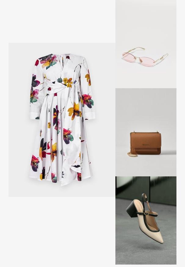 Biele šaty s dlhými rukávmi, kvetinový print v purpurovej, žltej a červenej farbe. Majú uzol v páse a rozšírenú sukňu.; Béžová lodička so špicatou špičkou, s čiernym lemom, zlatou prackou a robustným blokovým podpätkom na šedom podlahe s tmavozeleným pozadím.; Gucci Slnečné okuliare - gold-coloured/pink; Hnedá textúrovaná kožená taška cez telo s zlatým reťazovým popruhom a preklopným uzáverom. Predná strana obsahuje detail s logom a vrecko pod preklopkou.