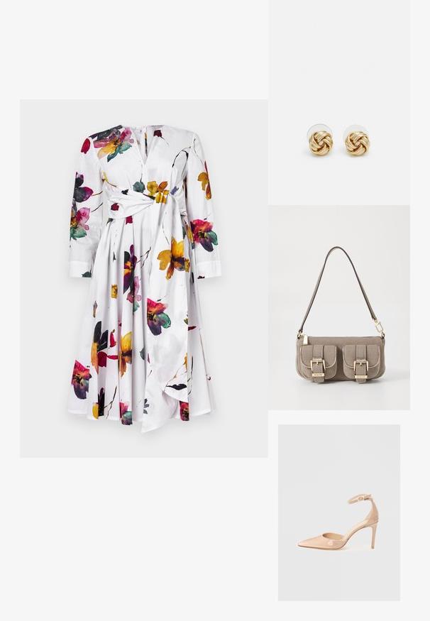 Biele šaty s dlhými rukávmi, kvetinový print v purpurovej, žltej a červenej farbe. Majú uzol v páse a rozšírenú sukňu.; Naha lesklá kožená topánka s ostrou špičkou a remienkom okolo členka, s ihlovým podpätkom, s hladkým povrchom a minimalistickým dizajnom.; Bežová taška s textúrou a nastaviteľným popruhom, dve predné vrecká zabezpečené prackami a zlaté kovové prvky. Zips na vrchu.; Náušnice s uzlom v zlatej farbe s prekrúteným dizajnom. Každá náušnica má kruhové priehľadné pozadie pre bezpečné nosenie.