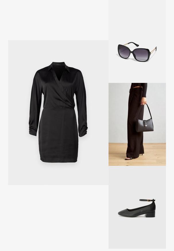 Crna satenska haljina omota s dugim rukavima, V-izrezom i nabranim detaljima na manžetama. Glatka tekstura i uski siluet dodatno ističu njezin elegantan dizajn.; Crne kožne pumpe s oštrim vrhom i niskom blok petom. Sadrže remen oko gležnja s zlatnim kopčanjem. Glatka tekstura.; Crne prevelike sunčane naočale s gradijentnim lećama, debelim okvirom i zlatnim lancem kao detaljem na krakovima.; Crna torba s oblikom koji sadrži strukturu, glađu teksturu i metalnu kopču. Uparena s širokim crnim hlačama i sandalama na otvorenom s drvenog poda.