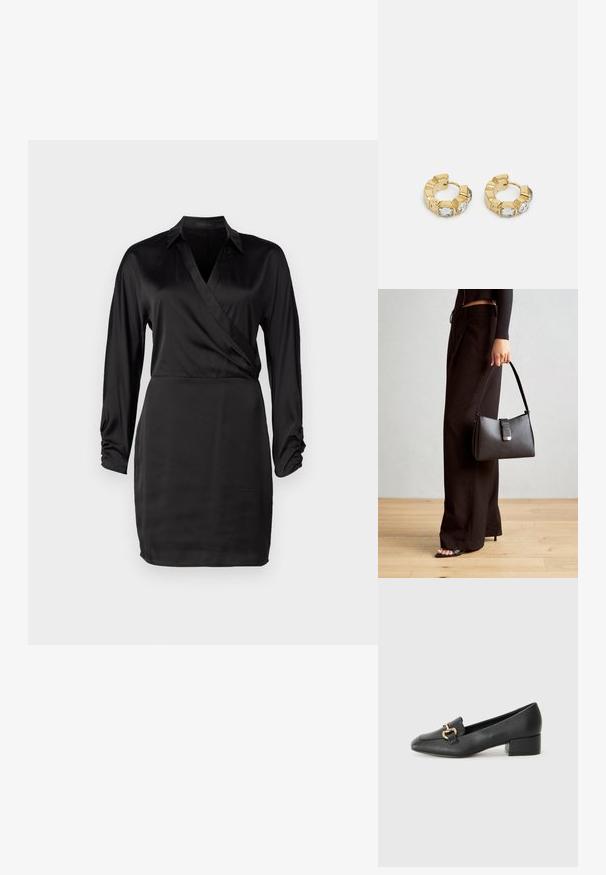 Vestido envolvente preto em satin com mangas longas, decote em V e detalhes franzidos nos punhos. A textura suave e a silhueta ajustada realçam seu design elegante.; Mocassins de couro preto com um salto baixo, apresentando um detalhe decorativo em metal dourado na parte da frente e uma textura suave.; Bolsa preta com forma estruturada, textura suave e um fecho metálico. Combinada com calças largas pretas e sandálias de salto aberto sobre um chão de madeira.; Brincos de argola dourados com um design texturizado e três cristais transparentes em um lado, oferecendo uma estética geométrica moderna.