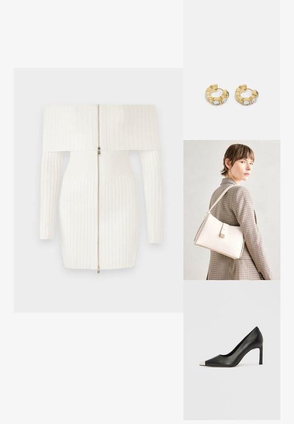 Vestido branco canelado off-the-shoulder com mangas longas, apresentando um fecho de zipper frontal e uma silhueta ajustada. Tecido macio e elástico.; Sapato de salto alto em couro preto com bico apontado e biqueira metálica prateada. Apresenta um acabamento liso e um salto esguio de 10 cm.; Bolsa de mão em couro branco com um design estruturado, apresentando um fecho magnético e uma alça de ombro, exibida sobre um fundo neutro.; Brincos de argola dourados com um design texturizado e três cristais transparentes em um lado, oferecendo uma estética geométrica moderna.