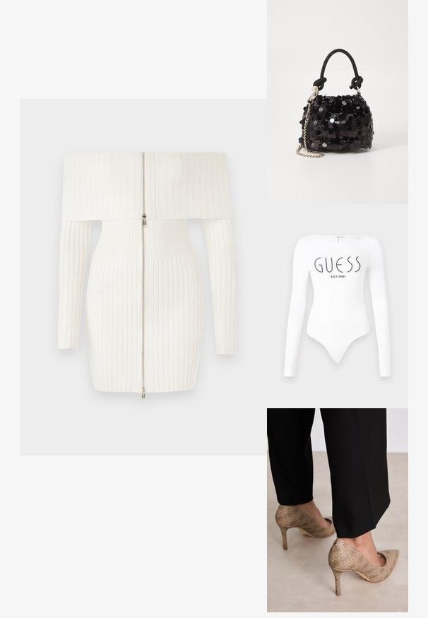 Hvit rillede off-shoulder kjole med lange ermer, med glidelås foran og en tettsittende silhuett. Myk, stretchy stoff.; Hvit langermet bodysuit med rund halslinning. Har "GUESS"-logo og "EST.1981" trykt i svart på forsiden. Glatt tekstur.; Beige høyhælte sko med teksturert stoff som har et gjentatt mønster. Spiss tådesign med bakdetalj og gullhelsjekk.; Svart paljettmini-veske med en knyttet teksturert stropp og sølvkjede. Rund form med samlet topp og reflekterende detaljer.
