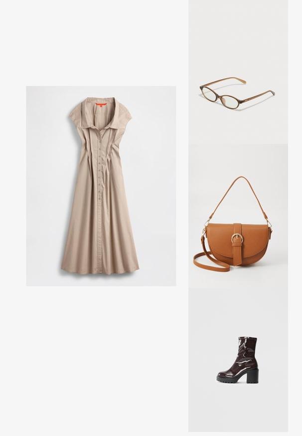 Bēšas krāsas kokvilnas kleita ar apkakli, īsām piedurknēm, priekšējo pogu aizdari un pleitu apdari, kas paplašinās līdz apakšmalai.; Spīdīgas bordo potīšu botītes ar masīlu melnu papēdi, kurām ir gluda tekstūra un vienkāršs dizains. Nav redzamu aizdari vai rakstu.; Brūnas bruņurupuču čuguna brilles ar ovālām lēcām, plānām kājām un caurspīdīgām akcentiem. Uz tempļa ir smalka logo. Sleek, viegla konstrukcija.; Brūns ādas plecu soma ar izliekta formu, zelta piederumiem un sprādzes akcentu. Iesaiņota ar noņemamu plecu siksnu.