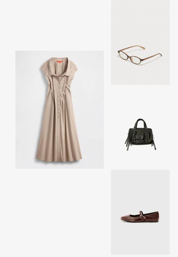 Béžové bavlněné šaty s límečkem, krátkými rukávy, předním zapínáním na knoflíky a sklady, které se u spodního lemu rozevírají.; Hnědé lakované baletky s hranatou špičkou a páskem se zlato-barevným přezkou. Hladký povrch, nízký podpatek a minimalistický design.; Hnědé želvovinové brýle s oválnými skly, tenkými bočními nohami a průhlednými akcenty. Obsahují decentní logo na stranu. Elegantní, lehký design.; Černá kožená kabelka s pletenými rukojetmi, kapsou na zip a visícími třásněmi. Texturovaný povrch s kovovými hroty a kovovými akcenty.